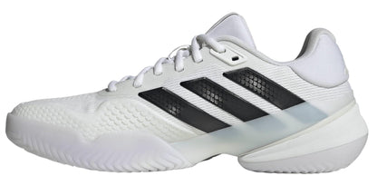 The adidas ADIDAS Barricade 14 Men's Tennis Shoes in white feature black stripes, a textured toe, white laces, and a thick white and translucent sole, inspired by classic men's tennis shoe design.