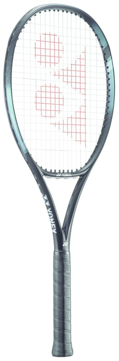 The Yonex EZONE 98 Tennis Racket - Aqua Night Black features a sleek black frame with a dark grip and is adorned with a striking red logo on the strings. Its Vibration Dampening Mesh and 2G-Namd Speed technology ensure optimal performance on the court.