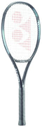 The Yonex EZONE 98 Tennis Racket - Aqua Night Black features a sleek black frame with a dark grip and is adorned with a striking red logo on the strings. Its Vibration Dampening Mesh and 2G-Namd Speed technology ensure optimal performance on the court.