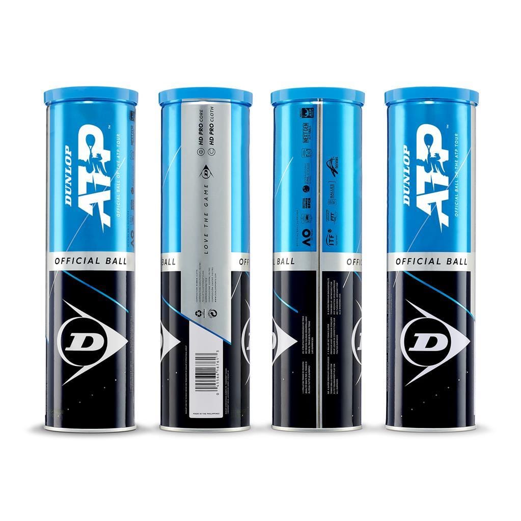 Four tubes of Dunlop ATP Official Balls, each containing four balls, are arranged side by side, displaying various angles. The packaging prominently features the Dunlop logo and "ATP Official Ball" text, underscoring its recognition in the ATP World Tour and highlighting its HD Pro Cloth quality for superior performance.