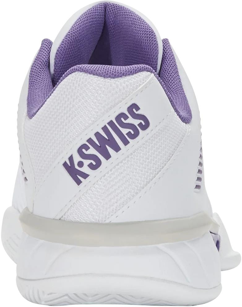 Rear view of the K-Swiss Express Light 3 Womens Tennis Shoes in White/Purple Haze/Lunar Rock, featuring a purple interior and purple K-Swiss heel logo—ideal for players seeking lightweight, durable tennis footwear.