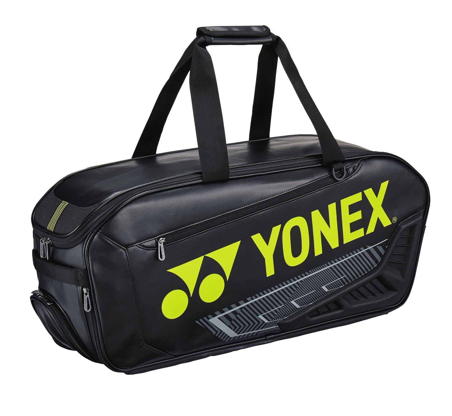 The Yonex 02331EX 2024 Expert Tournament Tennis Racket Bag in black and yellow merges luxurious design with functionality. This tennis racket bag features multiple compartments, including a dedicated shoe compartment, and is equipped with durable black handles for effortless carrying.