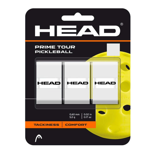 The HEAD Prime Tour Pickleball Overgrip (3 Pack) - White features three white overgrips with black HEAD branding, packaged with a yellow pickleball image and highlighting the grips’ tackiness and comfort.