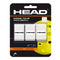 The HEAD Prime Tour Pickleball Overgrip (3 Pack) - White features three white overgrips with black HEAD branding, packaged with a yellow pickleball image and highlighting the grips’ tackiness and comfort.