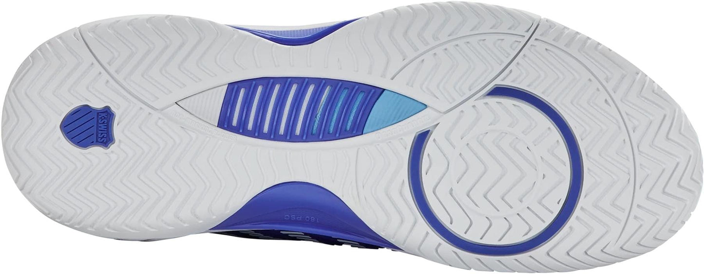 The image displays the outsole of the K-Swiss Hypercourt Supreme 2 Men's Tennis Shoe in Dazzling Blue/White/Baltic Sea, with a white base, blue accents, herringbone traction pattern, and a logo by the heel.