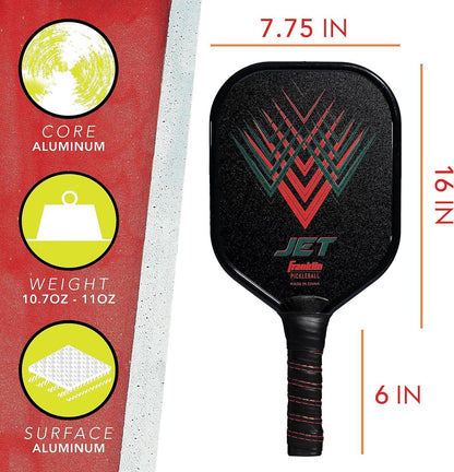 The Franklin Jet 2-Players Pickleball Set by Franklin features black dual-plated aluminum paddles with red and green designs, a high-performance design, 16"x7.75" size, 6" handle, aluminum core, 10.7–11 oz weight, and textured surface.