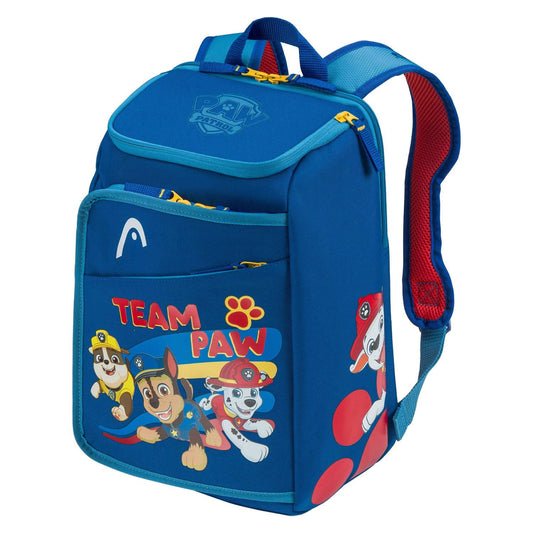 The HEAD x Paw Patrol Kids Tennis Backpack in blue features red and yellow accents, "TEAM PAW" on the front pocket, padded shoulder straps, a top handle, and Paw Patrol characters printed on the bag.
