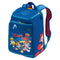 The HEAD x Paw Patrol Kids Tennis Backpack in blue features red and yellow accents, "TEAM PAW" on the front pocket, padded shoulder straps, a top handle, and Paw Patrol characters printed on the bag.