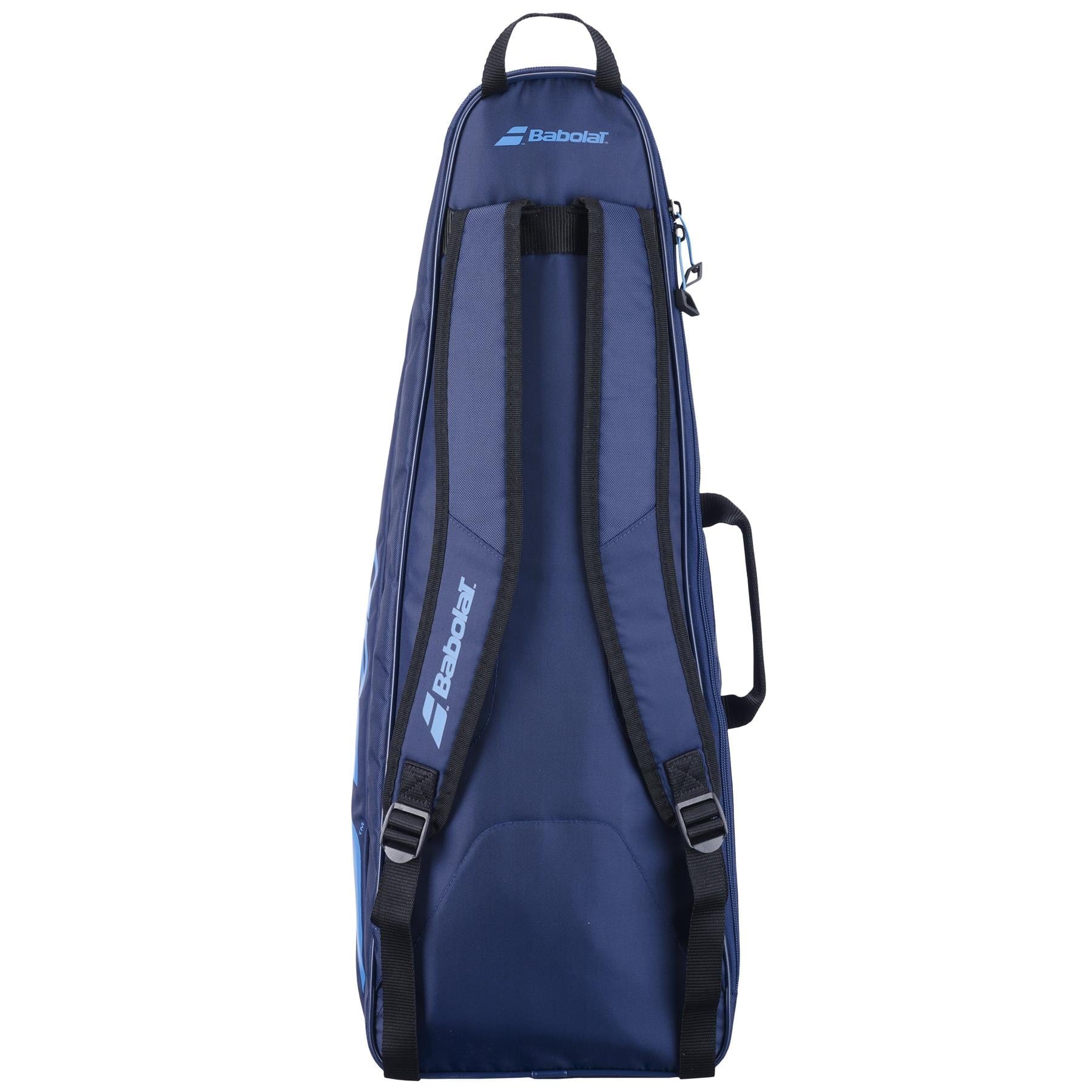 Side view of the dark blue Babolat Backrack 3 Tennis Bag, crafted from recycled polyester and featuring black straps and a side handle. With its streamlined design and specialized racket compartments, this bag is perfect for carrying rackets and sports gear. The sleek exterior is adorned with the Babolat logo.