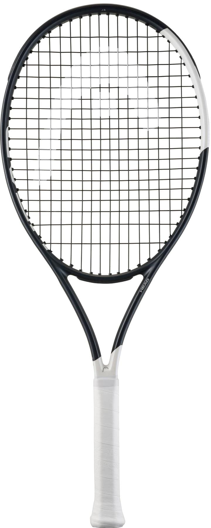 The HEAD Speed Junior 2026 Tennis Racket by HEAD features a black and white design with a white grip, black strings, and a slightly rounded frame, shown against a plain white background.