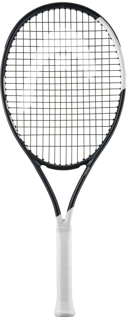 The HEAD Speed Junior 2026 Tennis Racket by HEAD features a black and white design with a white grip, black strings, and a slightly rounded frame, shown against a plain white background.