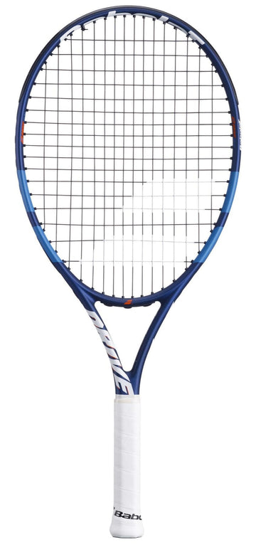 The Babolat Drive Junior 24 Tennis Racket features a sleek blue frame, white grip, and black strings—ideal for aspiring young players and shown here against a white background.