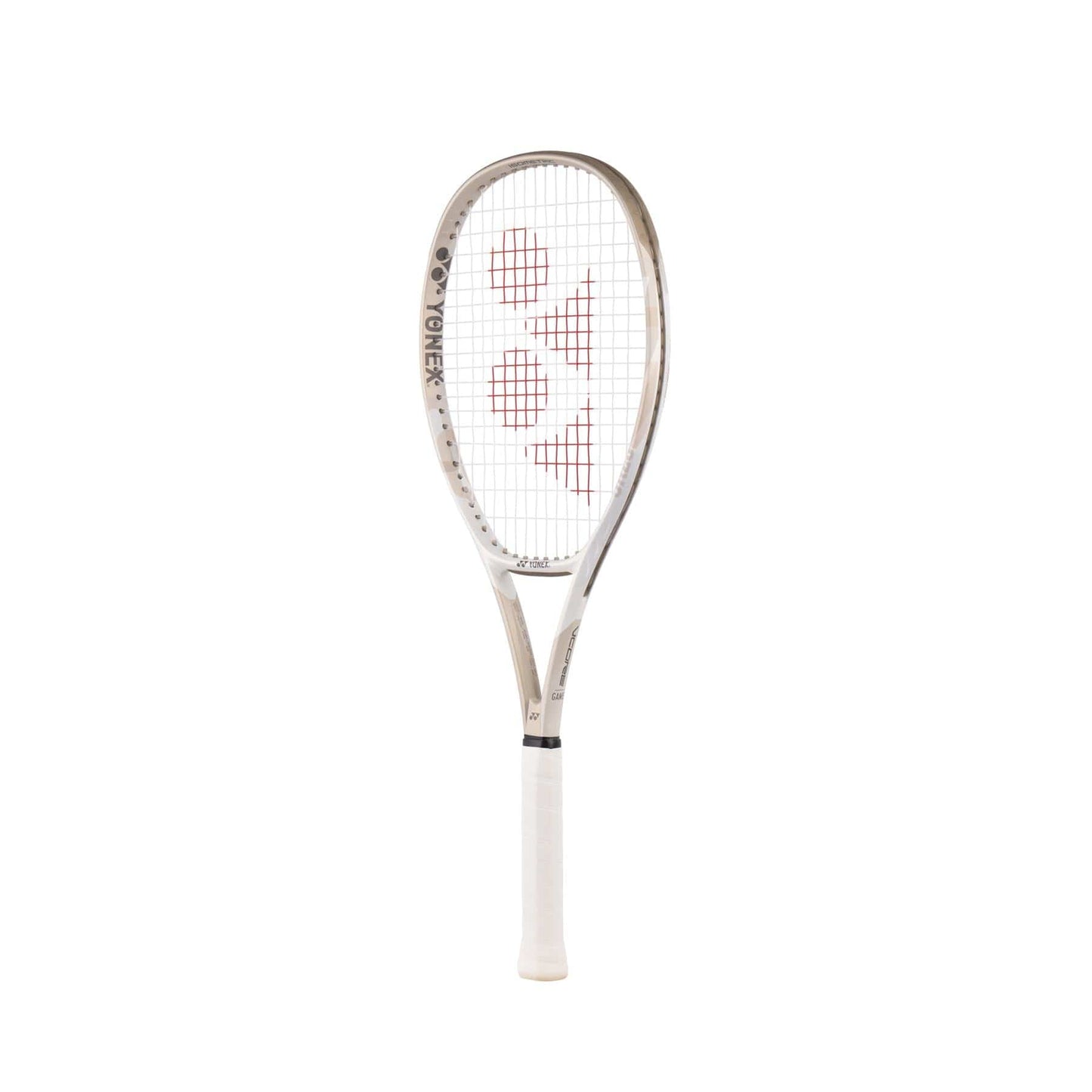 A sand beige Yonex VCORE Game Tennis Racket, inspired by ISOMETRIC™ design principles, displays a striking red logo on the strings and a black handle. It stands upright against a plain white background, echoing precision in its design.