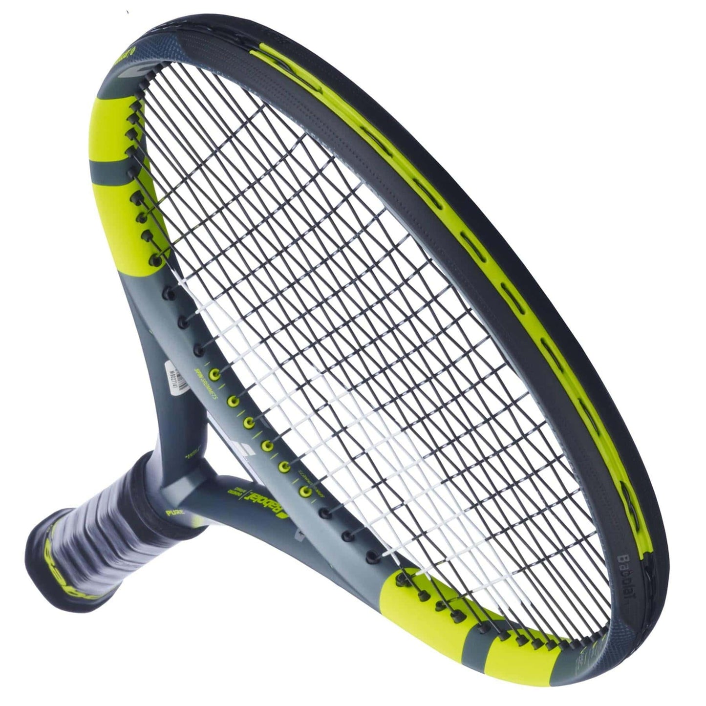 A close-up of the Babolat Pure Aero 2026 Tennis Racket shows its black and neon yellow frame, tightly strung strings, and a black grip handle, set against a white background.