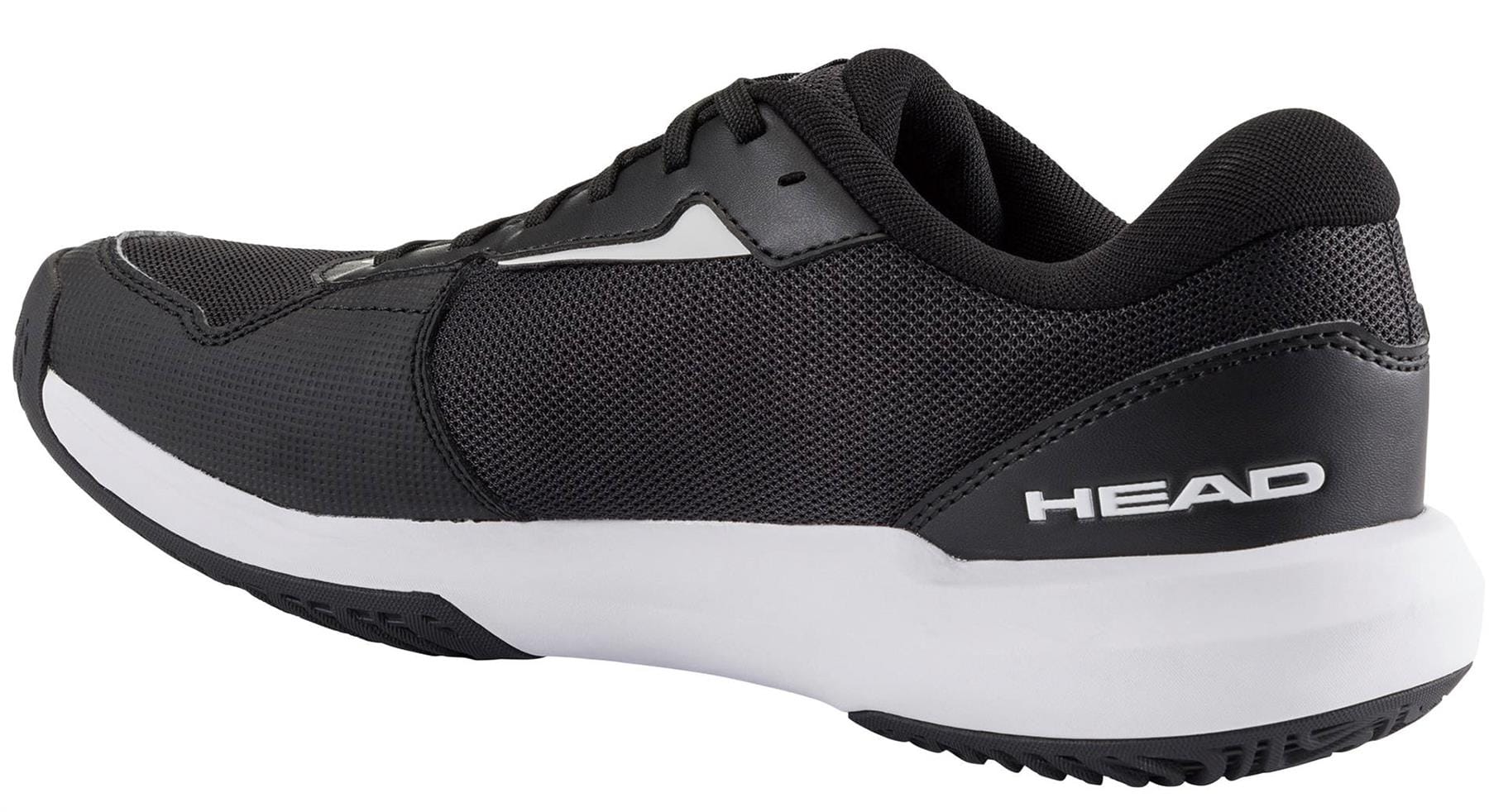 The HEAD Revolt Court 5.0 Mens Tennis Shoes in black/white feature a mesh texture, sleek modern design, and "HEAD" branding on the heel—perfect for those seeking comfortable athletic tennis shoes.