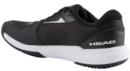 The HEAD Revolt Court 5.0 Mens Tennis Shoes in black/white feature a mesh texture, sleek modern design, and "HEAD" branding on the heel—perfect for those seeking comfortable athletic tennis shoes.