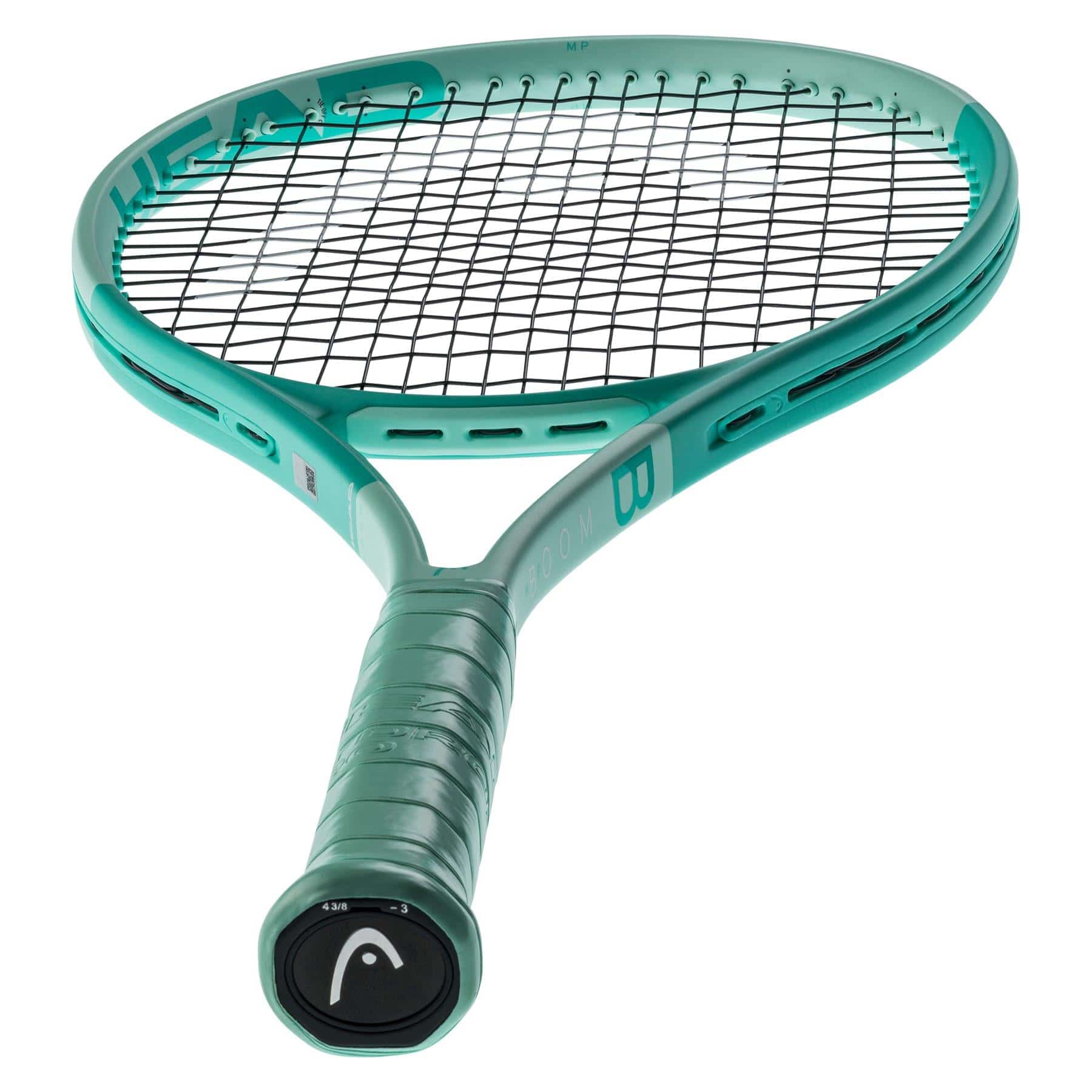 The HEAD Boom MP 2024 Alternate Tennis Racket showcases a vibrant mint frame paired with a black string pattern. Enhanced by Auxetic 2.0 technology, it delivers exceptional precision. The handle features a green grip and circular logo, while its elegant design incorporates geometric details crafted with Graphene Inside for optimal performance.
