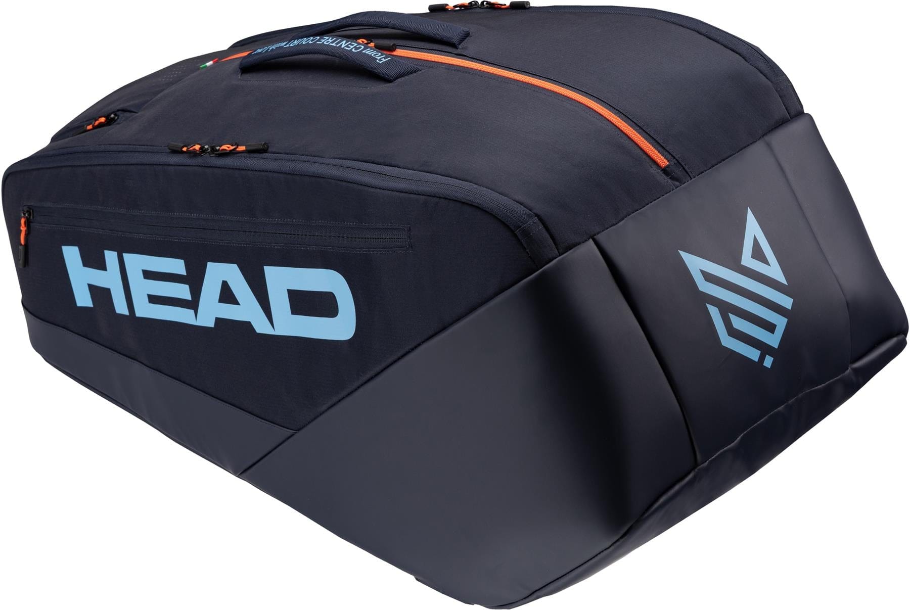 The HEAD Pro 12 Racket Tennis Bag XL - Navy by HEAD features a light blue logo, geometric symbol, orange zipper accents, and multiple compartments for tournament-level performance, inspired by the Jannik Sinner tennis bag.