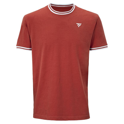 The Tecnifibre Team Stretch Men's Tennis T-Shirt in terracotta features short sleeves, white and gray striped accents on the collar and cuffs, plus a small white logo on the left chest.