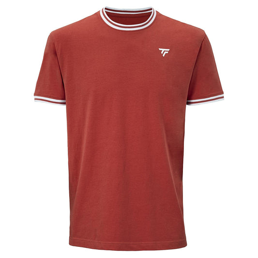 The Tecnifibre Team Stretch Men's Tennis T-Shirt in terracotta features short sleeves, white and gray striped accents on the collar and cuffs, plus a small white logo on the left chest.