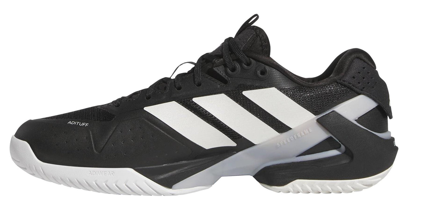 The adidas Adizero Ubersonic 5 Men's Tennis Shoes in black feature three white stripes, a textured white sole, and “ADITUFF” and “SPEEDFRAME” details, offering a sleek, modern design ideal for athletic performance.