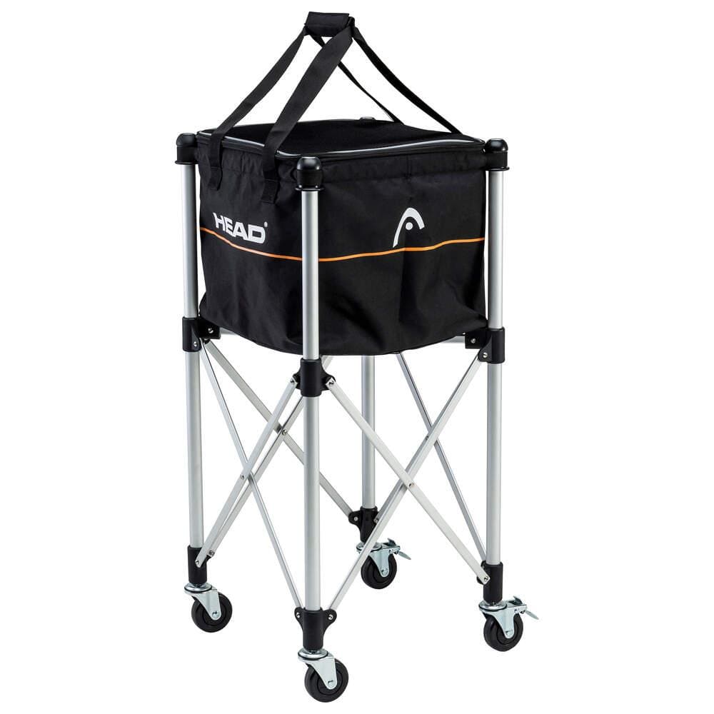 The HEAD Tennis Ball Trolley includes a detachable black bag emblazoned with the "HEAD" logo, mounted on a collapsible metal frame with four wheels for effortless mobility. It features dual carrying handles and a secure lid, making it ideal for tennis enthusiasts who are always on the move.