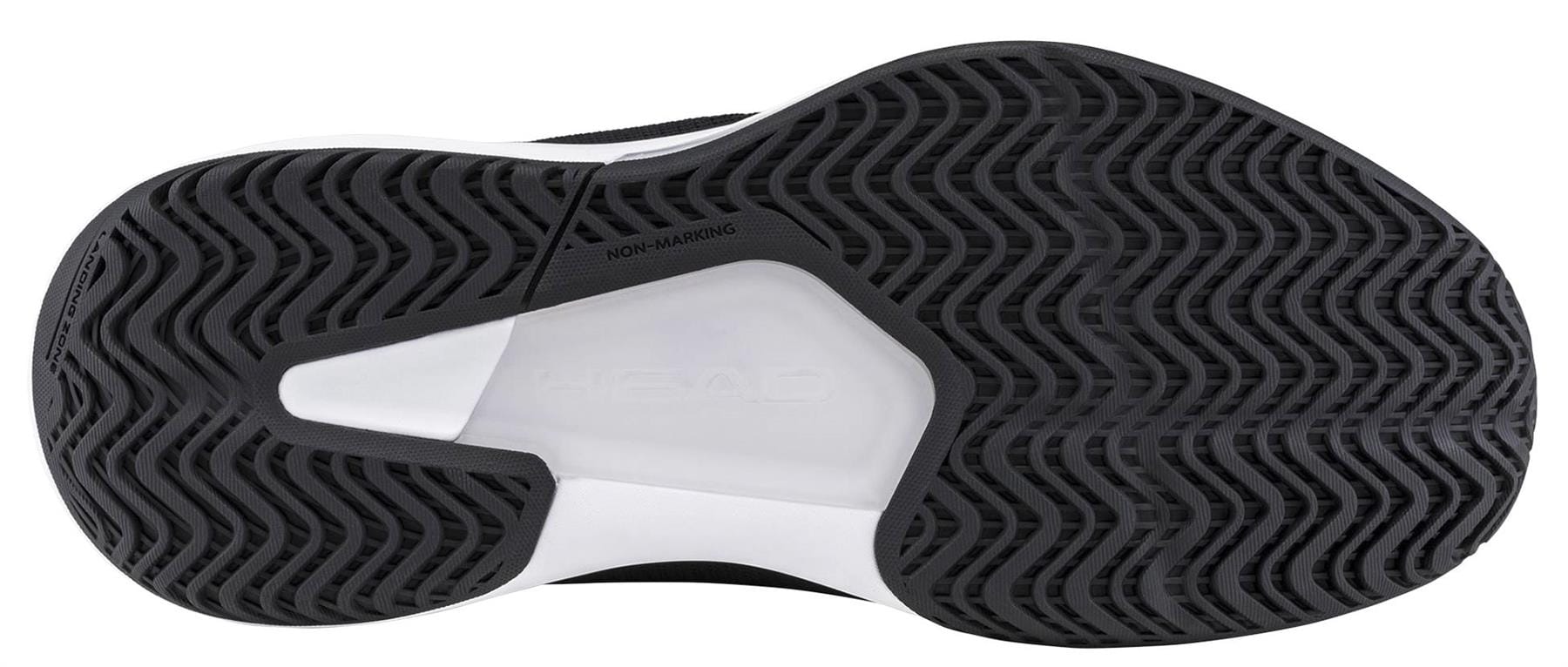 Close-up of the sole on HEAD Revolt Court 5.0 Womens Tennis Shoes - Black / White, showing a herringbone tread with "HEAD" embossed in the center and "NON-MARKING" displayed.