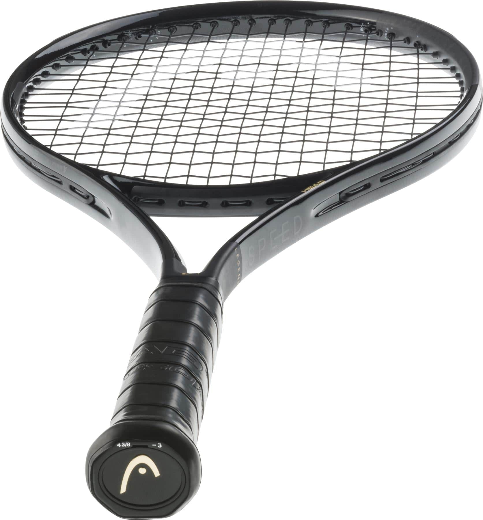 A close-up of the HEAD Speed MP Legend 2025 Tennis Racket in Black/Gold, featuring a wrapped handle and tightly strung netting against a white background—ideal for fans of HEAD.
