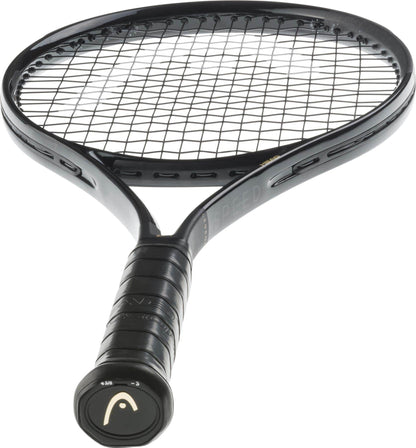 A close-up of the HEAD Speed MP Legend 2025 Tennis Racket in Black/Gold, featuring a wrapped handle and tightly strung netting against a white background—ideal for fans of HEAD.