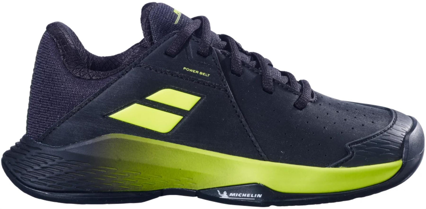 The Babolat Propulse Junior 3 All Court Boys Tennis Shoes in Black/Aero feature a low-cut design, toe perforations, a textured Michelin outsole, and the "Michelin" logo on the side.