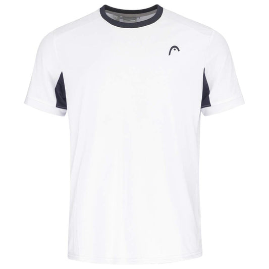 The HEAD Slice Mens Tennis T-Shirt in white showcases black accents on the collar and sides and includes a mesh back for improved breathability. It features a small, subtle logo on the left chest with HEAD branded neck tape for enhanced style.