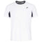 The HEAD Slice Mens Tennis T-Shirt in white showcases black accents on the collar and sides and includes a mesh back for improved breathability. It features a small, subtle logo on the left chest with HEAD branded neck tape for enhanced style.