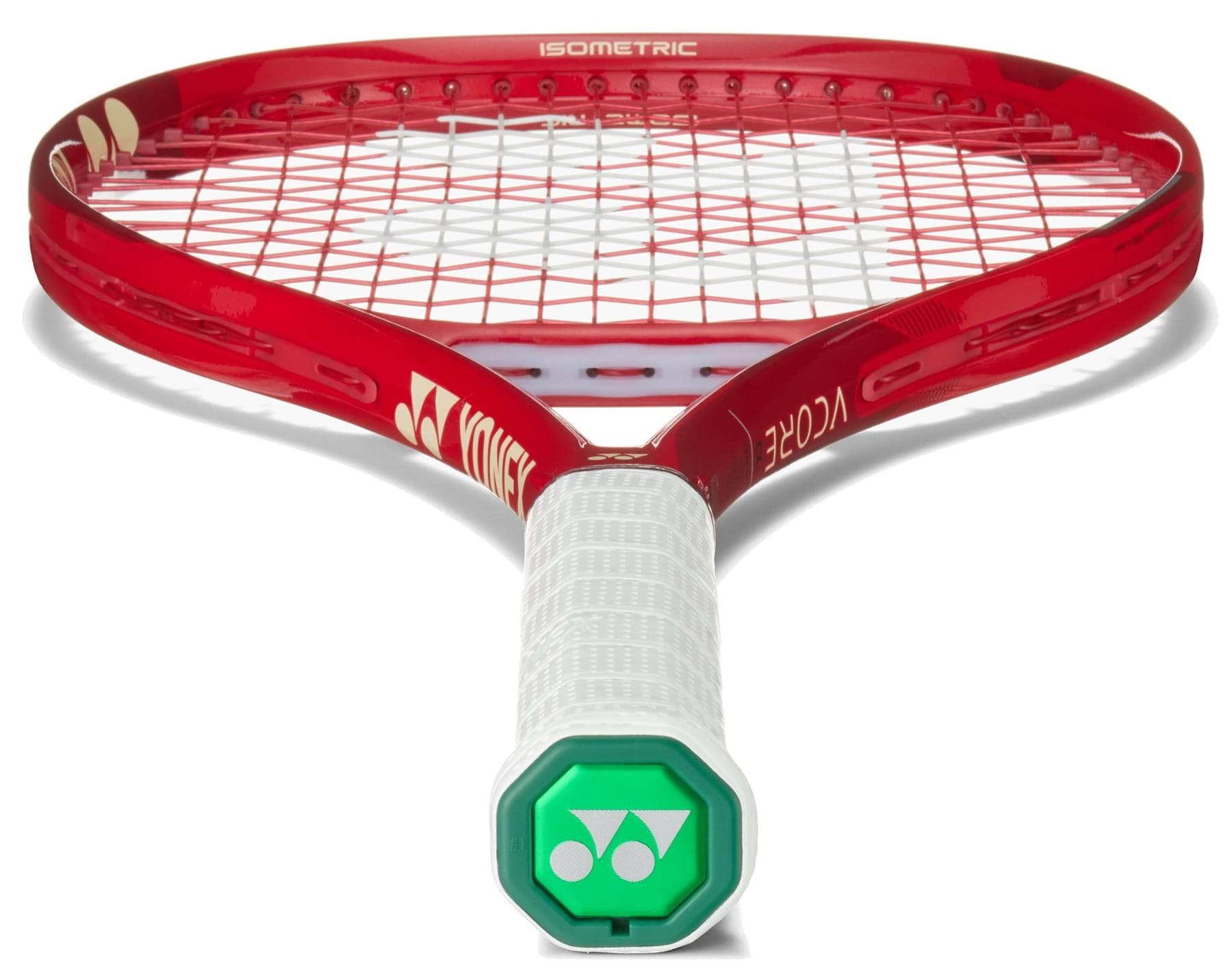 The Yonex VCORE Alpha L Ruby Red 2026 Tennis Racket features a white grip, green end cap with Yonex logo, and ISOMETRIC technology, shown from handle to strings for enhanced play.