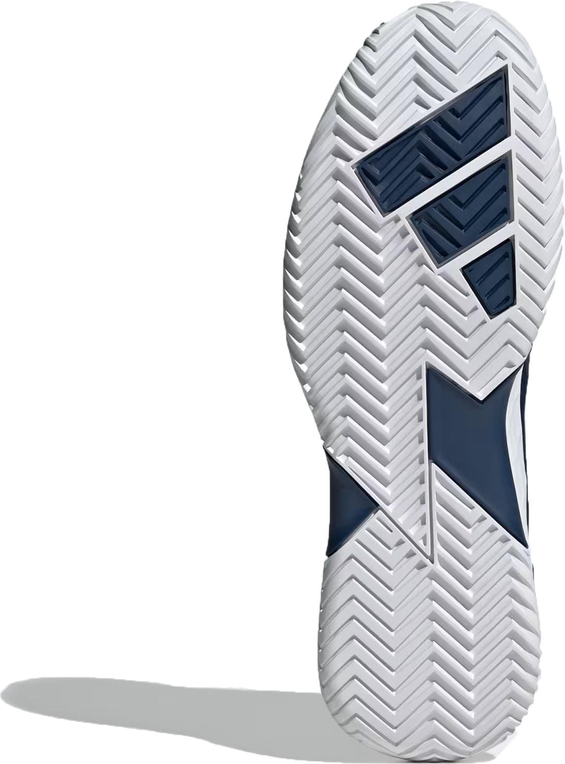 The image displays the sole of the adidas Defiant Speed 2 Men’s Tennis Shoe in Dark Blue/Zero Metallic/Cloud White, featuring a white herringbone tread with navy geometric accents, positioned vertically on a plain white background.