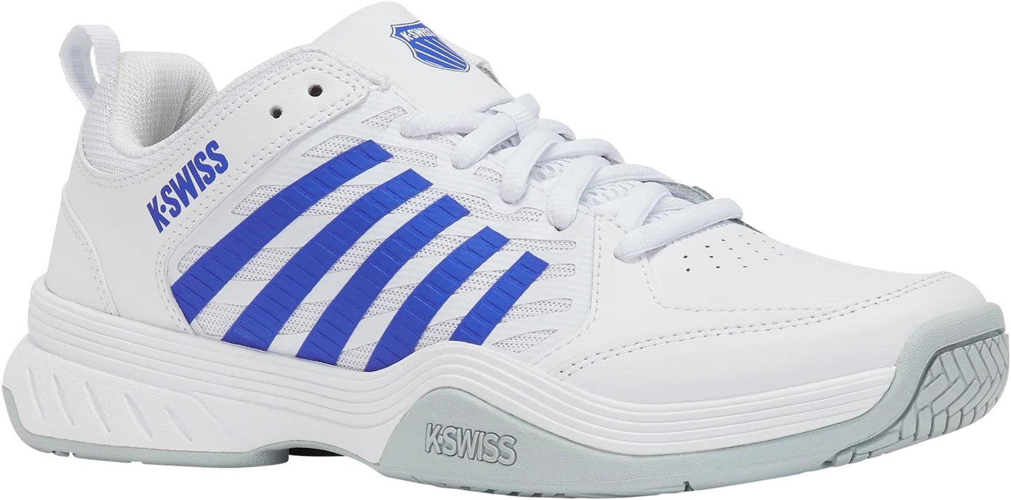 The K-Swiss Court Express 2 Men’s Tennis Shoes in White/Dazzling Blue feature signature comfort, blue side branding, a lace-up design, and a textured gray sole—perfect for court performance.