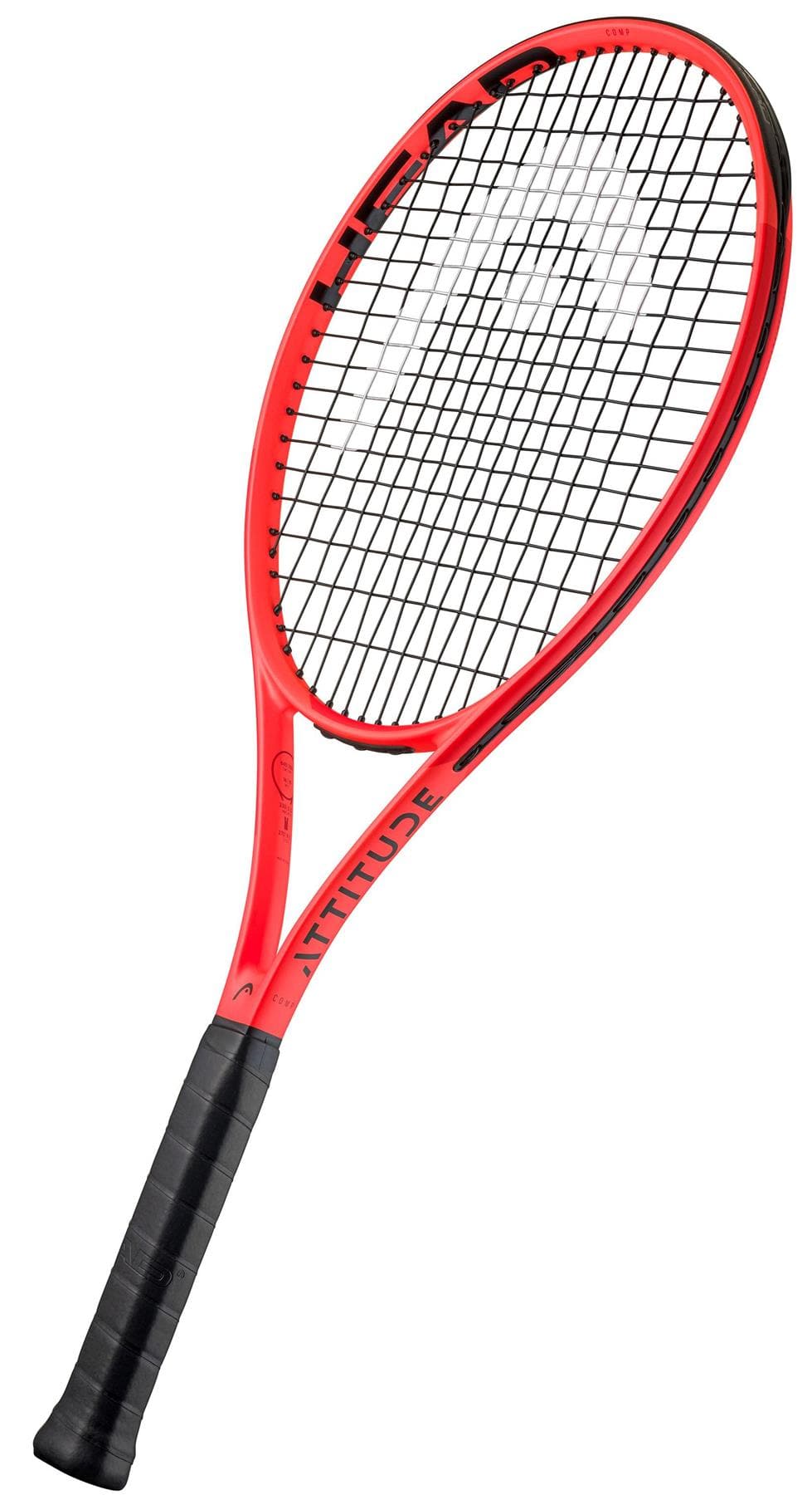 The HEAD MX Attitude COMP Tennis Racket by HEAD features a bold red and black design with branding on the frame, black strings, and a black grip—an ideal lightweight racket for beginners.