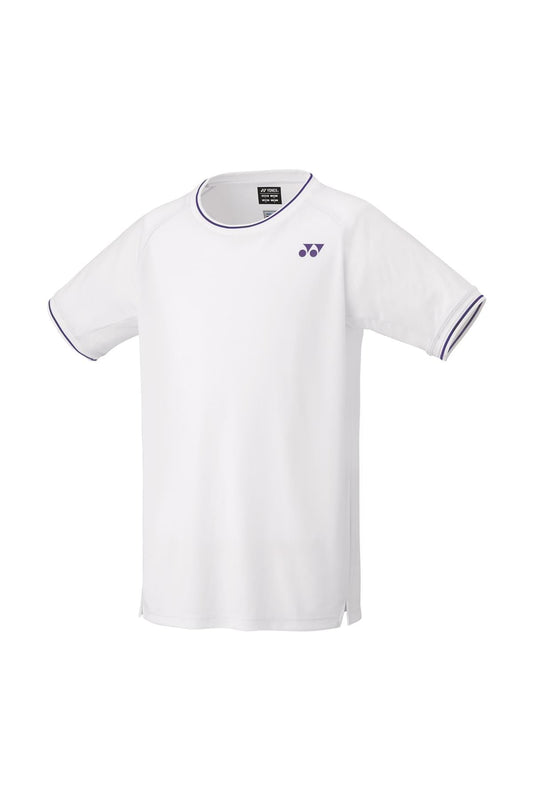 The Yonex 10561 Men's Tennis T-Shirt in white is engineered for optimal performance, featuring short sleeves and elegant purple accents at the cuffs and collar. Its moisture-wicking material offers maximum comfort, complemented by a discreet purple logo on the left chest, making it perfect for any tournament setting.