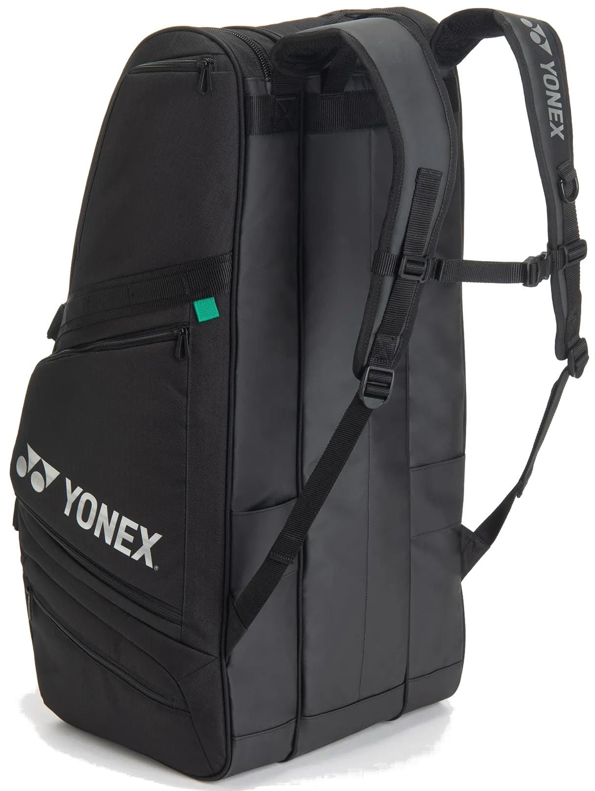The Yonex BA72629EX Gearlogic 9 Racket Tennis Bag in black features gray straps, white Yonex logos, and multiple zippered compartments—ideal for serious players carrying up to 9 rackets.
