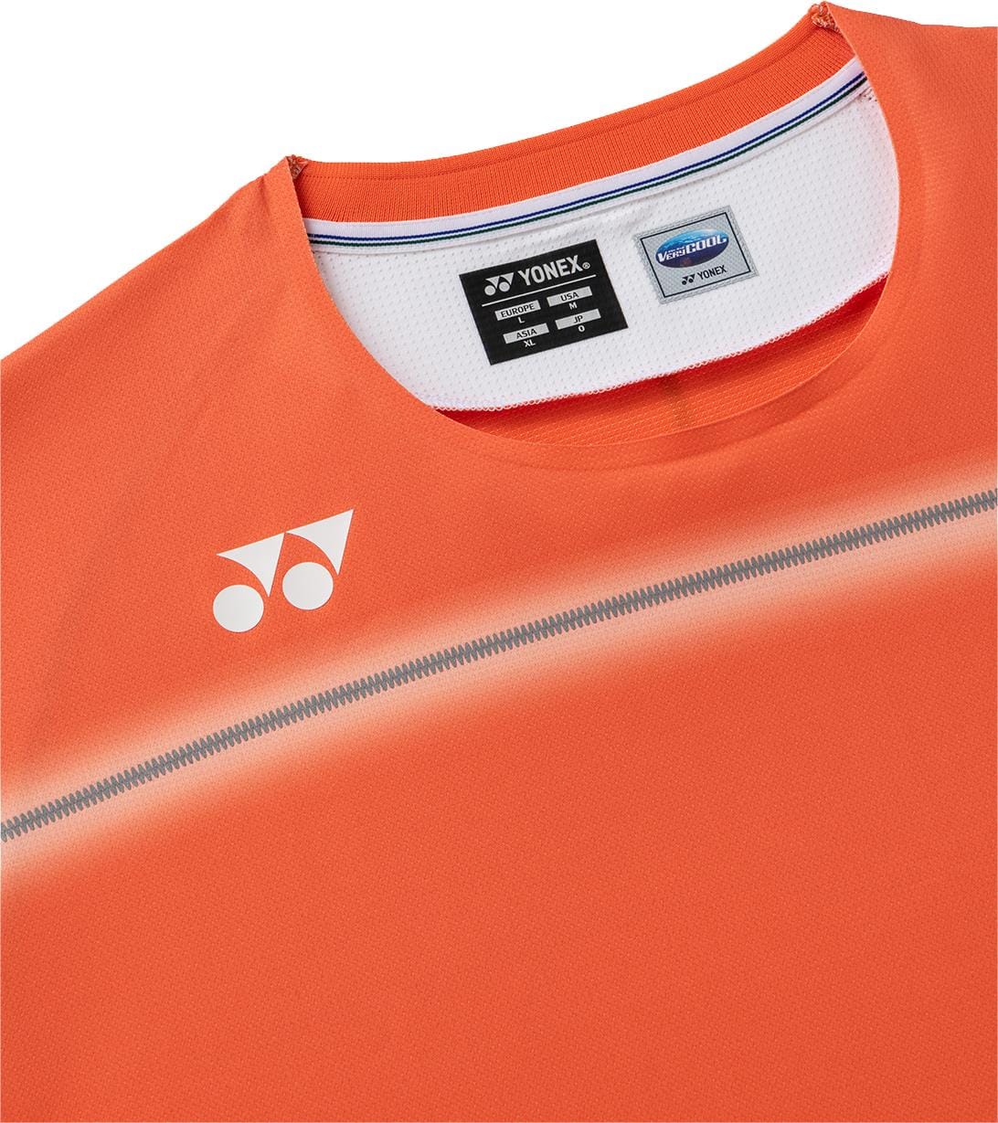 Close-up of the Yonex 10711YX Crew Neck Men's Tennis T-Shirt in Cyber Orange, featuring a crew neck, Yonex chest logo, and inner label with size and care info—ideal performance wear for men seeking quality sports apparel.