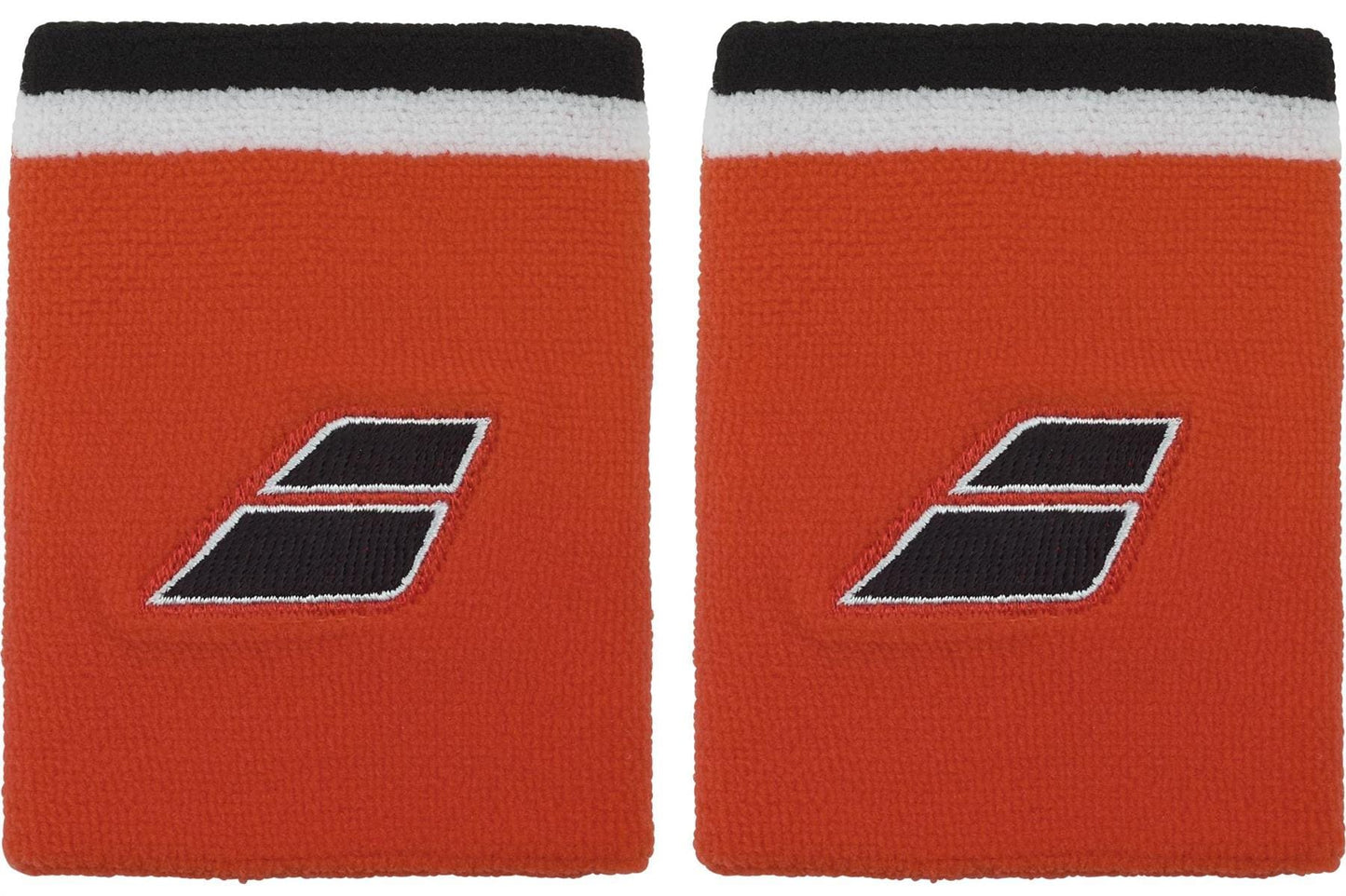 The Babolat Terry Jumbo Wristband - Cherry Tomato is a large, sweat-absorbing wristband in vibrant orange with bold black and white stripes and a diagonal Babolat logo at the center.