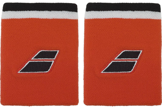 The Babolat Terry Jumbo Wristband - Cherry Tomato is a large, sweat-absorbing wristband in vibrant orange with bold black and white stripes and a diagonal Babolat logo at the center.
