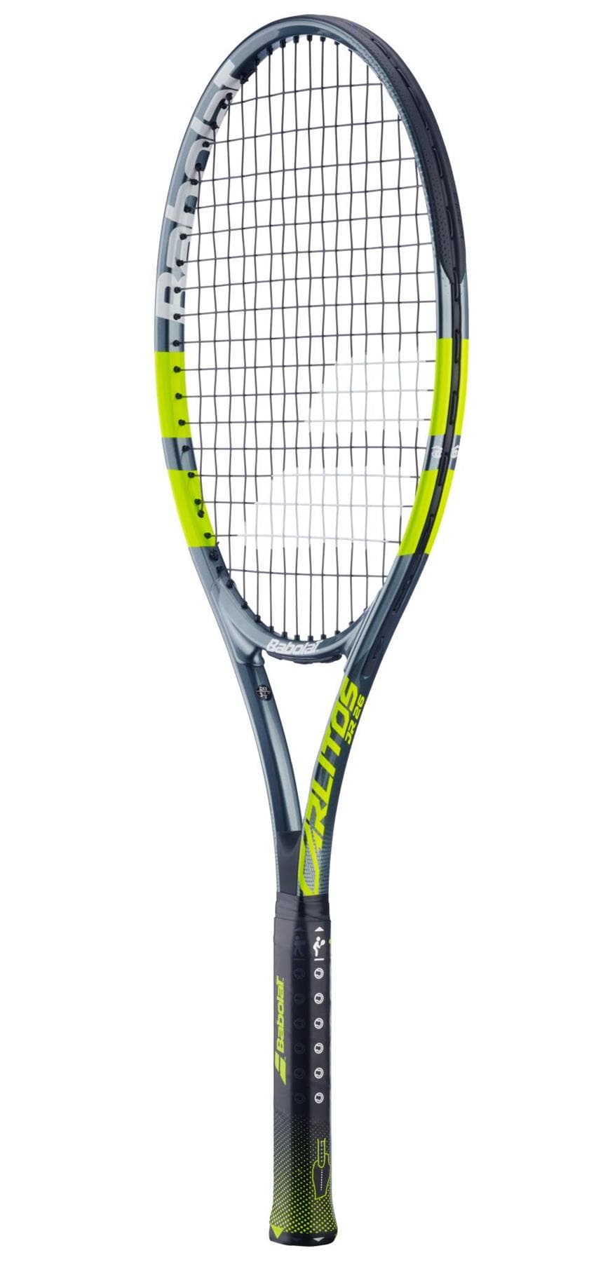 The Babolat Carlitos Junior 26 Tennis Racket features a black and yellow graphite frame, white strings, and a black grip—ideal for beginners and junior players. Shown on a plain white background.