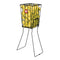 The Wilson 75 Tennis Ball Pick Up Basket, a black metal creation by Wilson, features a durable steel basket with a no-spill lid. It's filled with yellow tennis balls and sports the Wilson logo. Its foldable legs allow it to stand upright for convenient access and portability.