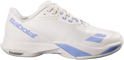The Babolat Jet Mach 4 All Court Women's Tennis Shoes in cream and lavender feature a mesh upper and durable rubber outsole, delivering high performance and agility on the court.