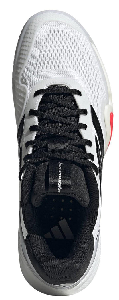 Top view of the adidas Barricade 14 Mens WIDE Tennis Shoes in white: features black laces, interior, and stripes, mesh toe detail, a red accent on the sole, and "BARRICADE" in white text on the tongue.