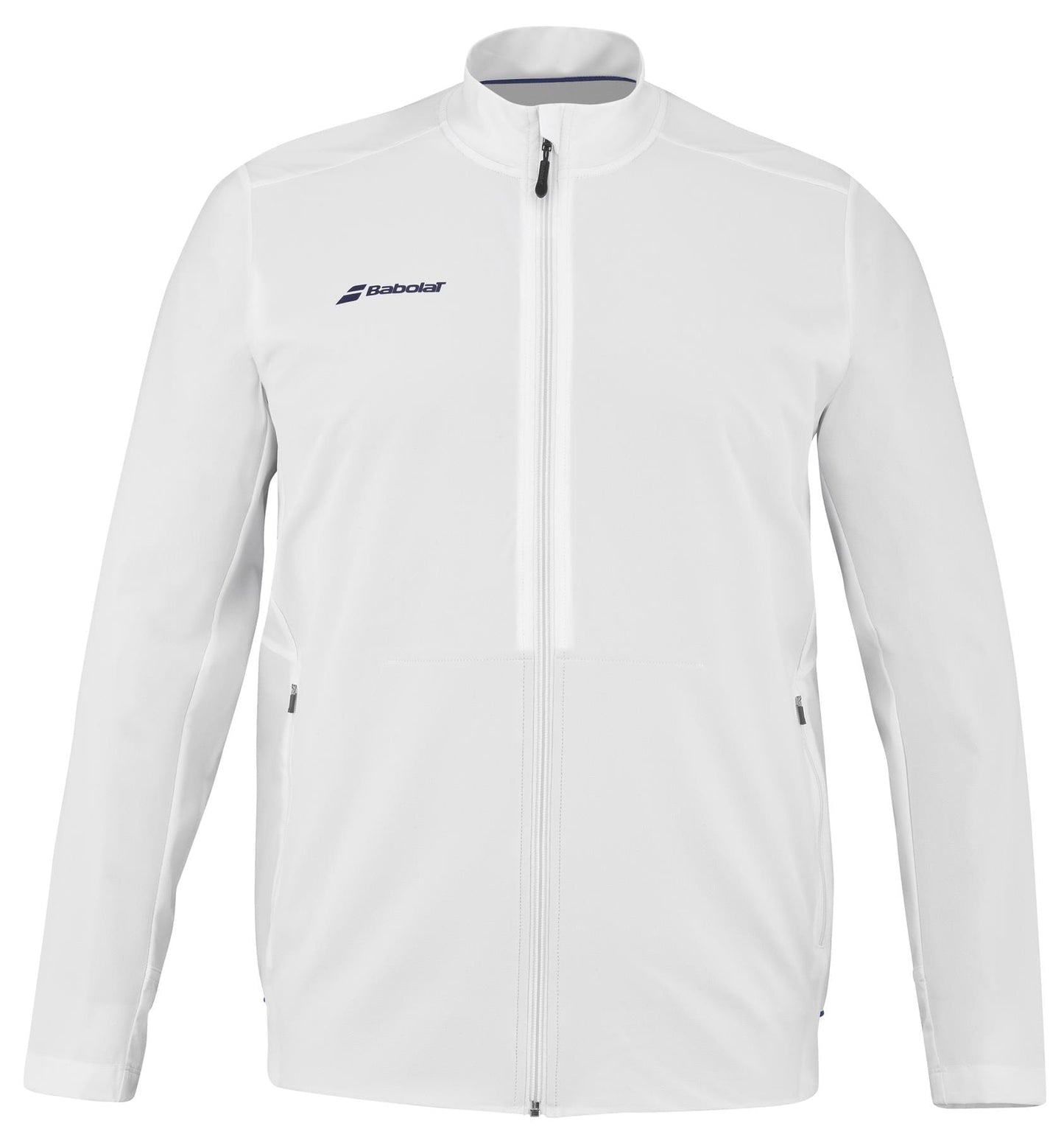 Introducing the Babolat Play Men's Tennis Jacket in White: This stylish piece from Babolat boasts a high collar and full-length zipper. Crafted from recycled polyester, it displays subtle logos on the chest and side. Designed with Fiber Dry technology for maximum comfort, it also features zippered side pockets for added convenience.