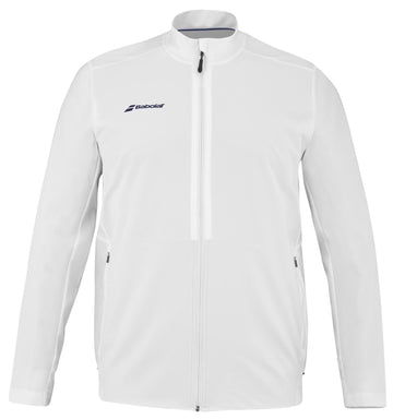 Introducing the Babolat Play Men's Tennis Jacket in White: This stylish piece from Babolat boasts a high collar and full-length zipper. Crafted from recycled polyester, it displays subtle logos on the chest and side. Designed with Fiber Dry technology for maximum comfort, it also features zippered side pockets for added convenience.