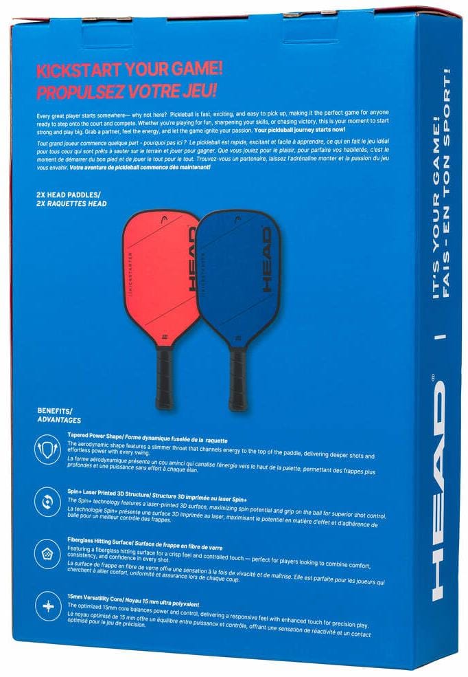 The HEAD Kickstarter Pickleball Paddle Pack features a blue box displaying two paddles—one red, one blue—with white and orange text in English and French highlighting this entry-level paddle’s features and benefits.