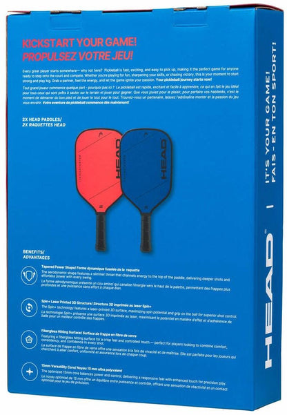 The HEAD Kickstarter Pickleball Paddle Pack features a blue box displaying two paddles—one red, one blue—with white and orange text in English and French highlighting this entry-level paddle’s features and benefits.