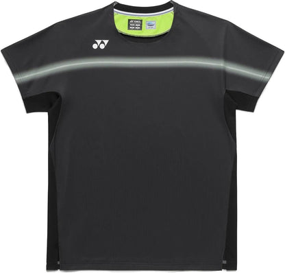 The Yonex 10711YX Crew Neck Men's Tennis T-Shirt in black features a gray chest stripe, white Yonex logo, and moisture-wicking fabric for cool, comfortable play.